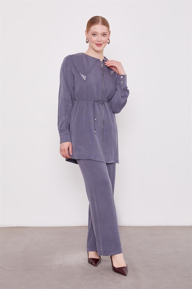 Lacivert Yakası Taşlı Cupra İkili Takım