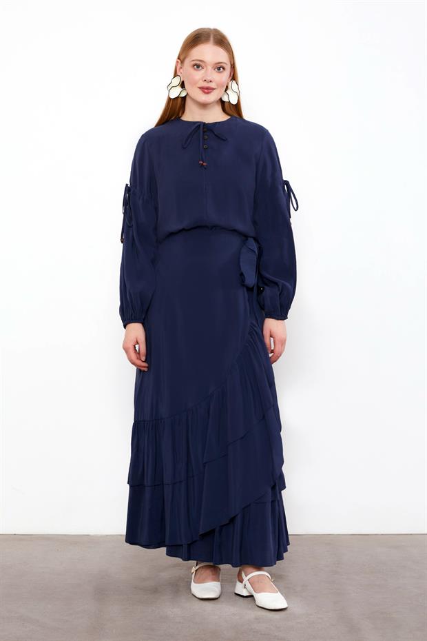 Lacivert Yandan Bağlamalı Etek Takım