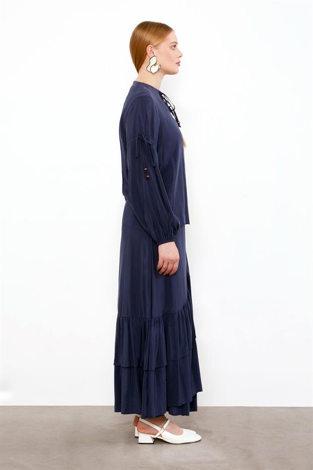 Lacivert Yandan Bağlamalı Etek Takım