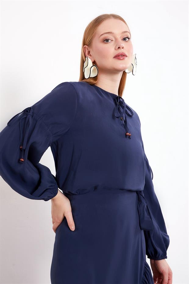 Lacivert Yandan Bağlamalı Etek Takım