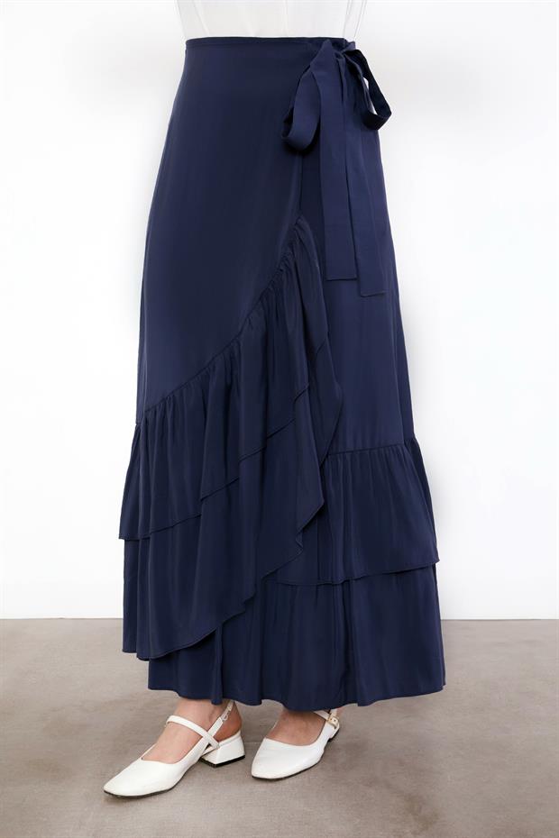 Lacivert Yandan Bağlamalı Etek Takım