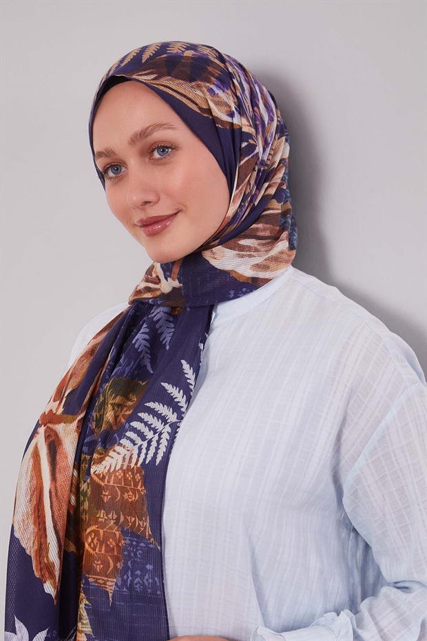 Lacivert Yaprak Desen Pamuk Şal