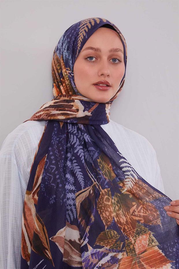 Lacivert Yaprak Desen Pamuk Şal