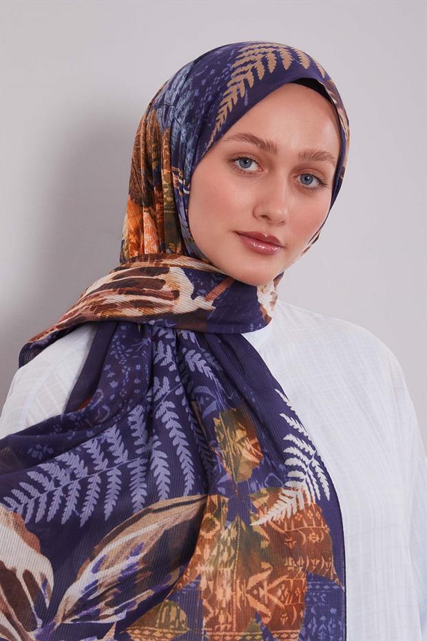 Lacivert Yaprak Desen Pamuk Şal