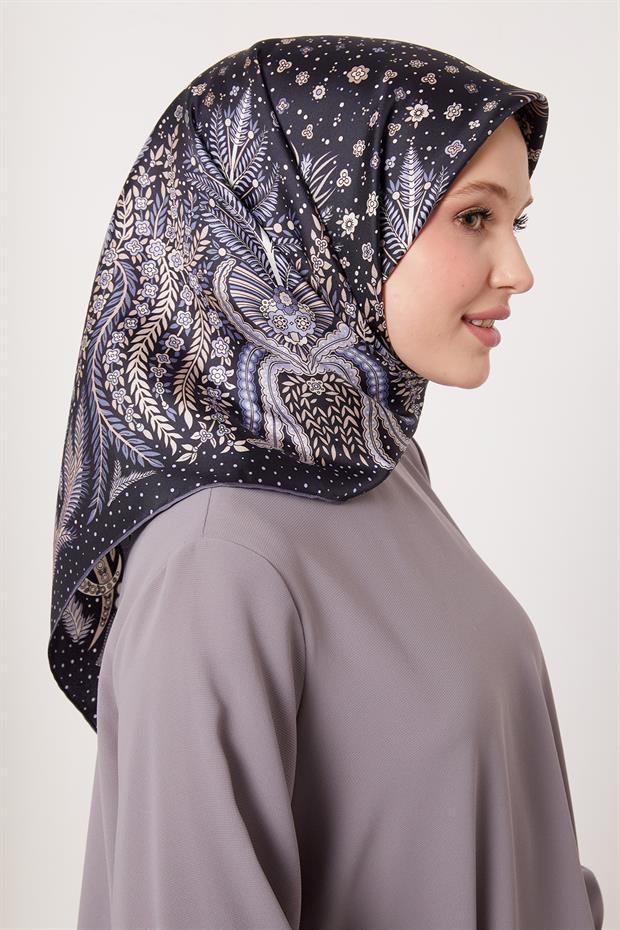 Lacivert Yaprak  Desen Twill İpek Eşarp