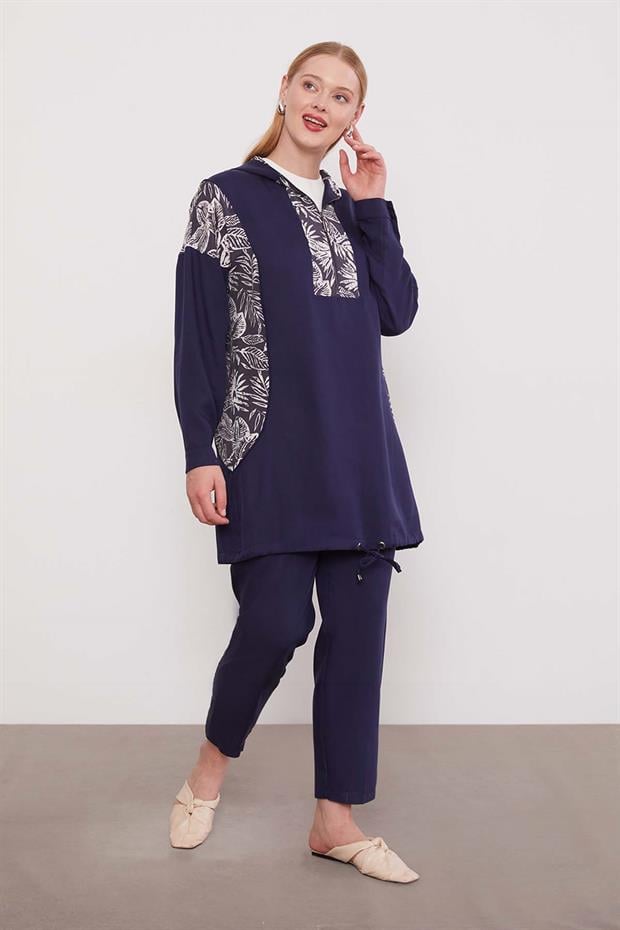 Lacivert Yaprak Desenli Cupra İkili Takım