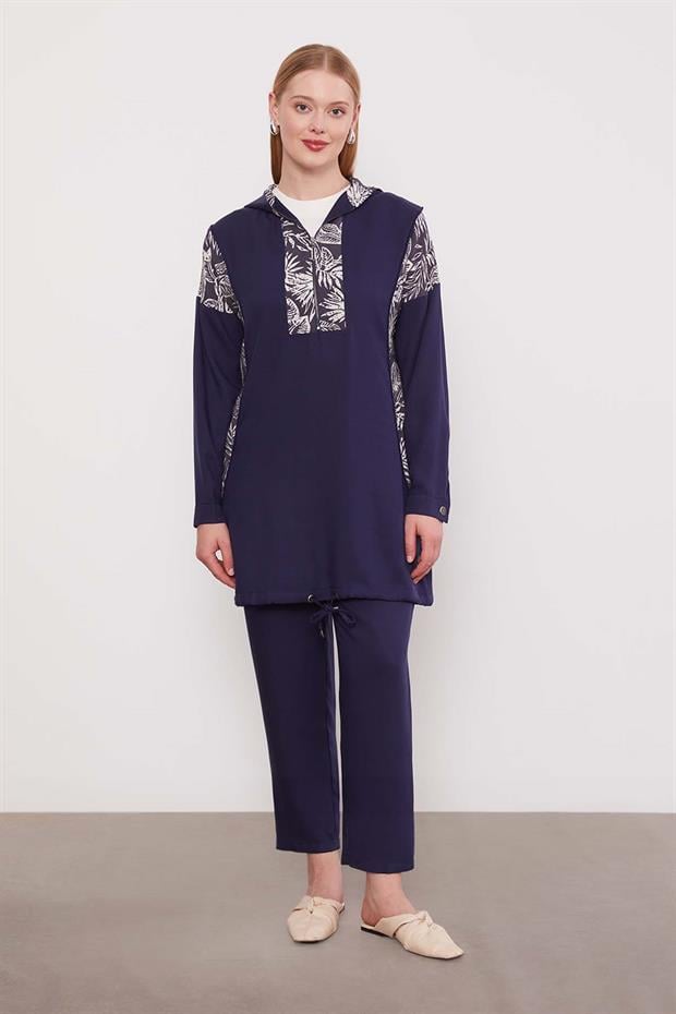 Lacivert Yaprak Desenli Cupra İkili Takım