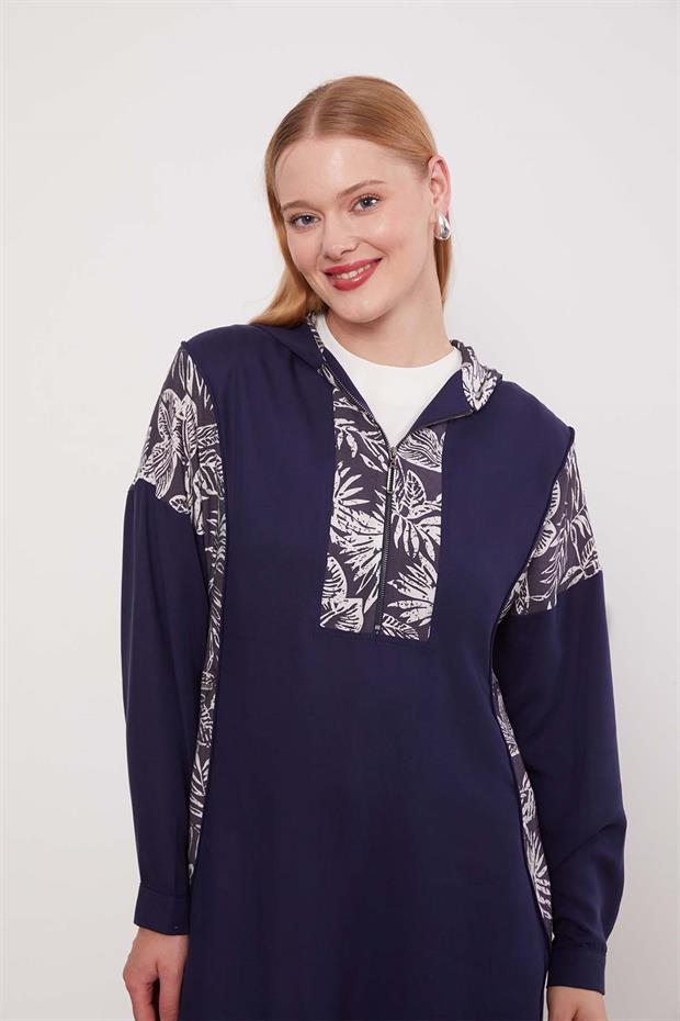 Lacivert Yaprak Desenli Cupra İkili Takım