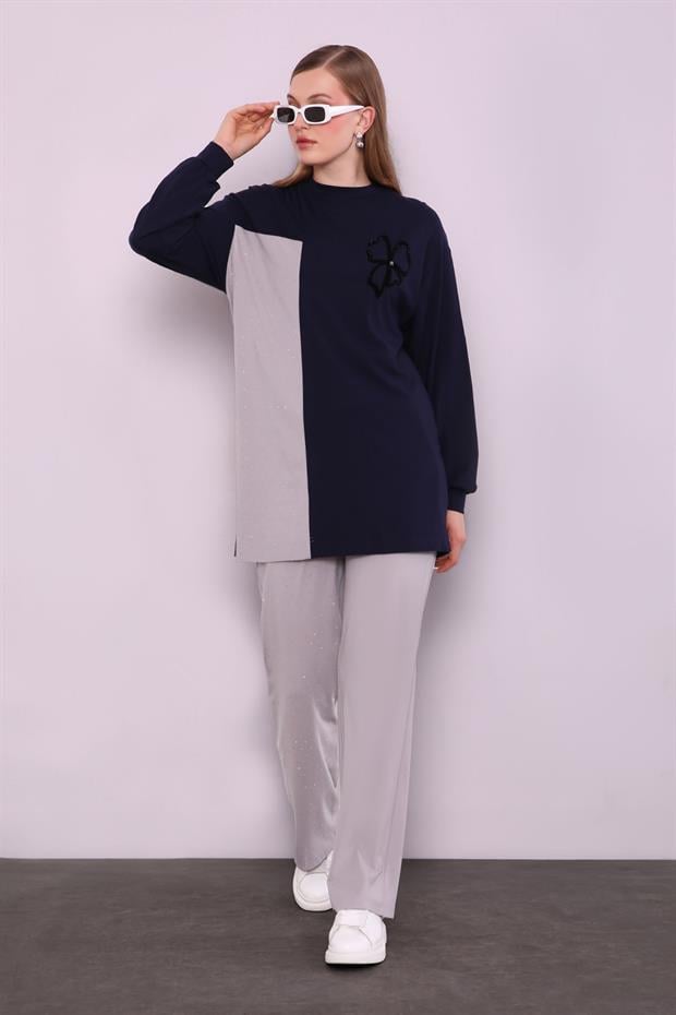 Lacivert Yonca Desen Detaylı İkili Takım