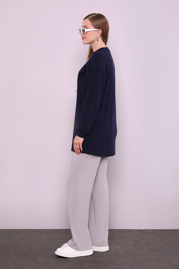 Lacivert Yonca Desen Detaylı İkili Takım