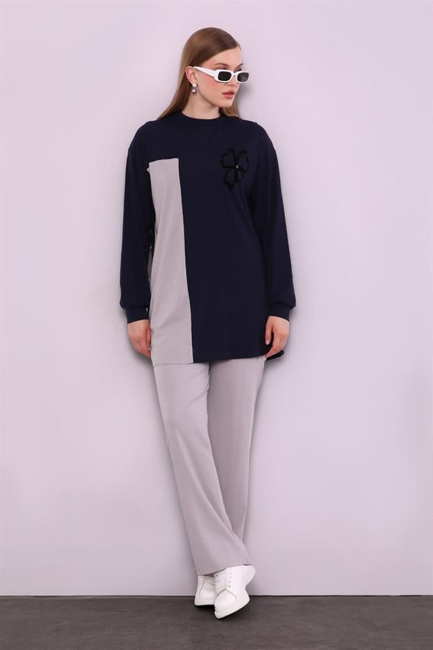 Lacivert Yonca Desen Detaylı İkili Takım