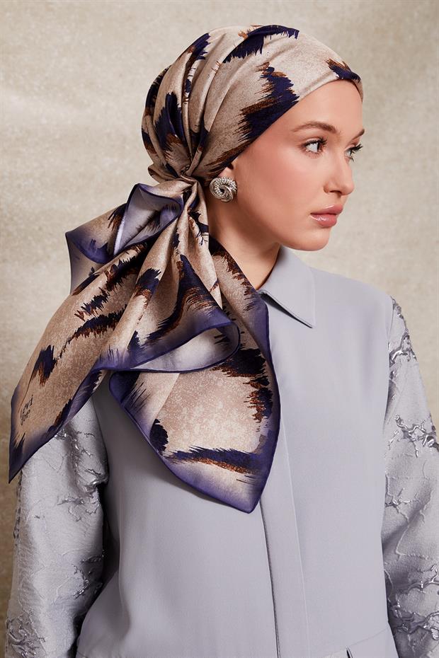 Lacivert Zigzag Spor Desen Twill İpek Eşarp