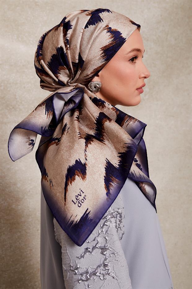 Lacivert Zigzag Spor Desen Twill İpek Eşarp