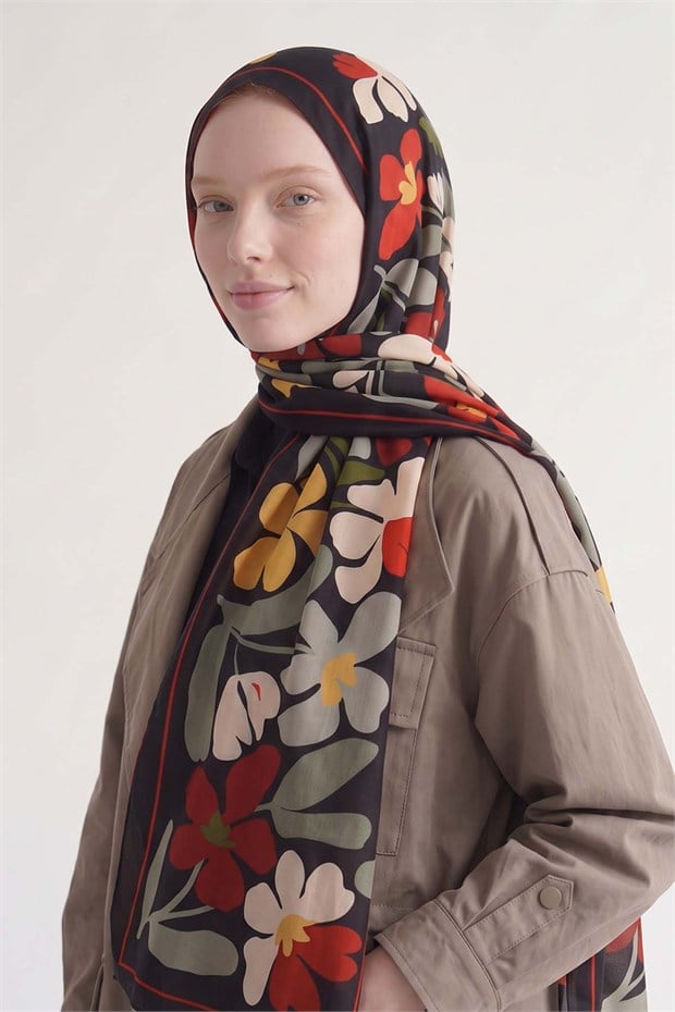 Lale Desen Olere Şal Siyah