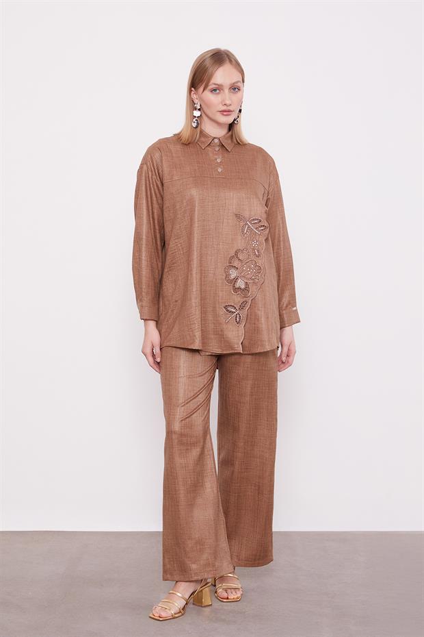 Latte Nakış Gül Detaylı Tunik Takım