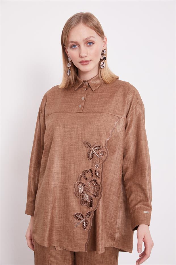 Latte Nakış Gül Detaylı Tunik Takım