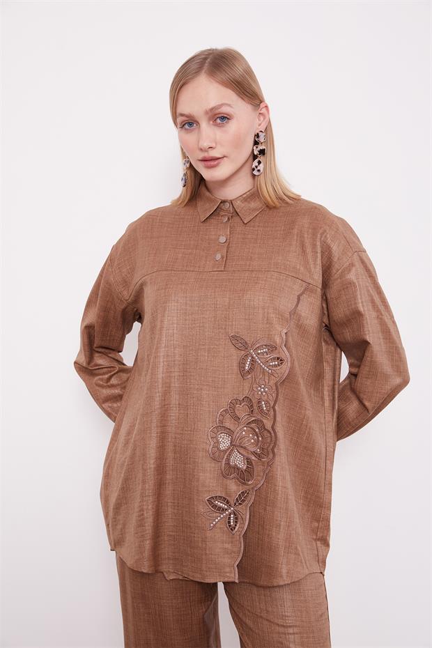 Latte Nakış Gül Detaylı Tunik Takım