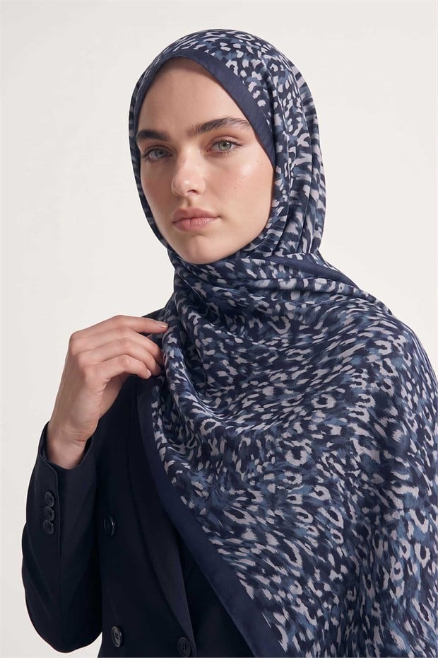 Leopar Dokulu Sport Şal Açık Lacivert
