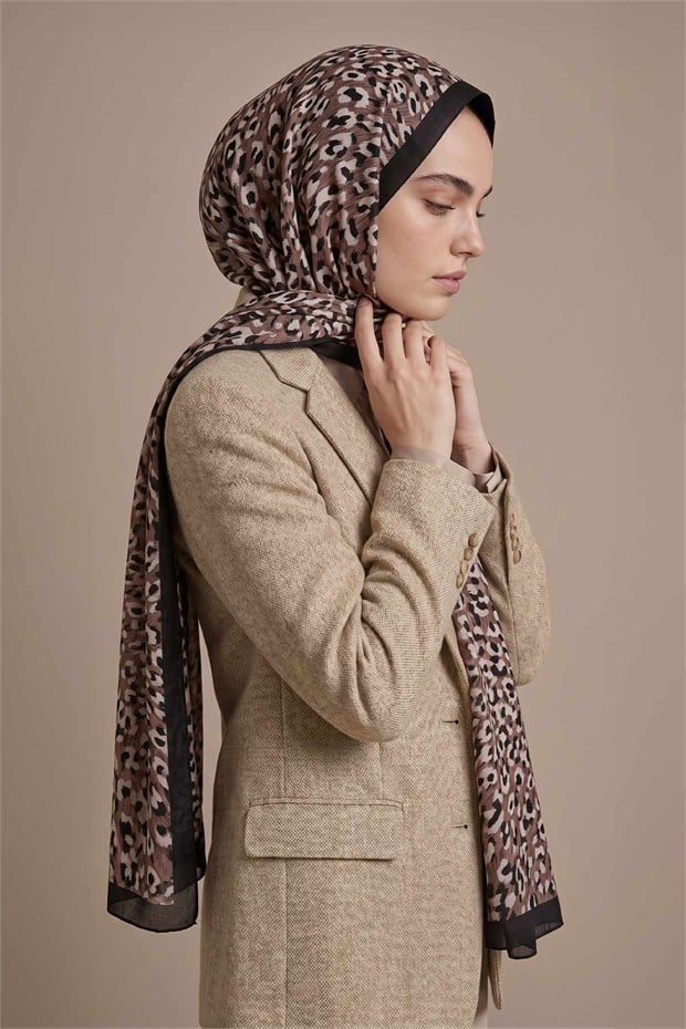 Leopar Dokulu Sport Şal Koyu Vizon