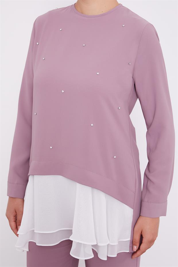 Açık Lila Şifon Detaylı Tunik Takım