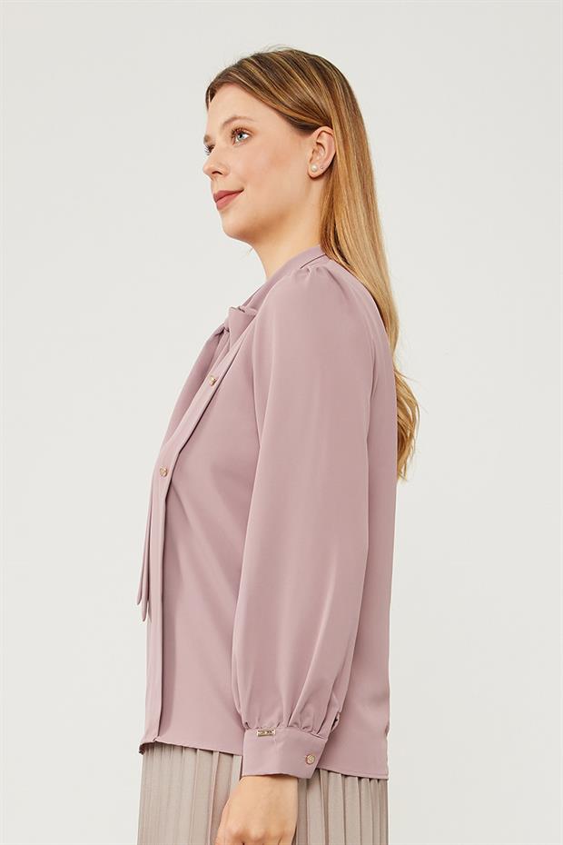 A.Lila Kendinden Fular Bağlamalı Şifon Bluz