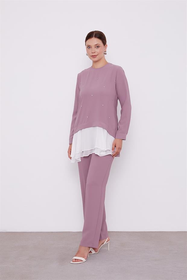 Açık Lila Şifon Detaylı Tunik Takım