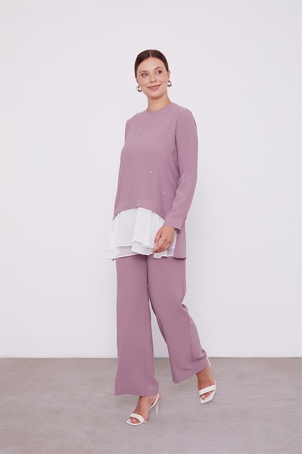 Açık Lila Şifon Detaylı Tunik Takım