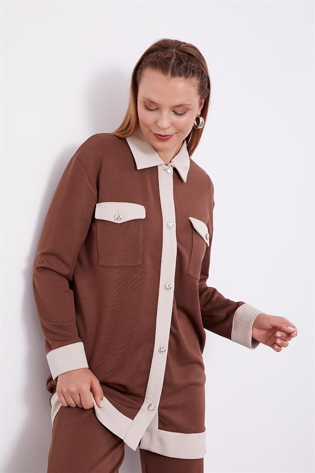 Acı Kahve-Açık Bej Düğme Detaylı Pantolon Takım