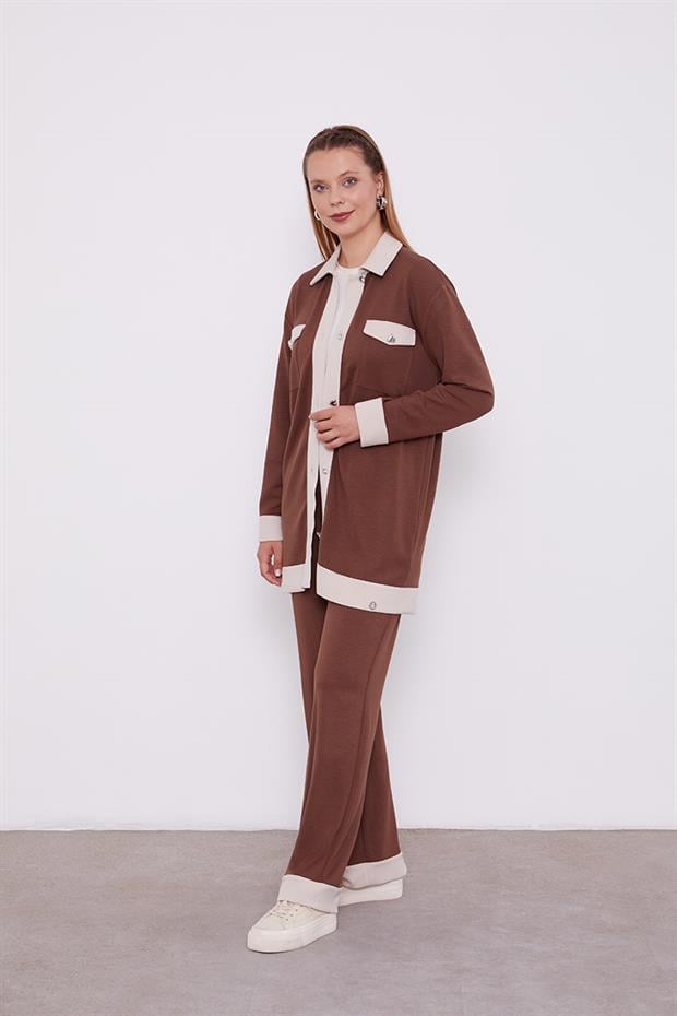 Acı Kahve-Açık Bej Düğme Detaylı Pantolon Takım
