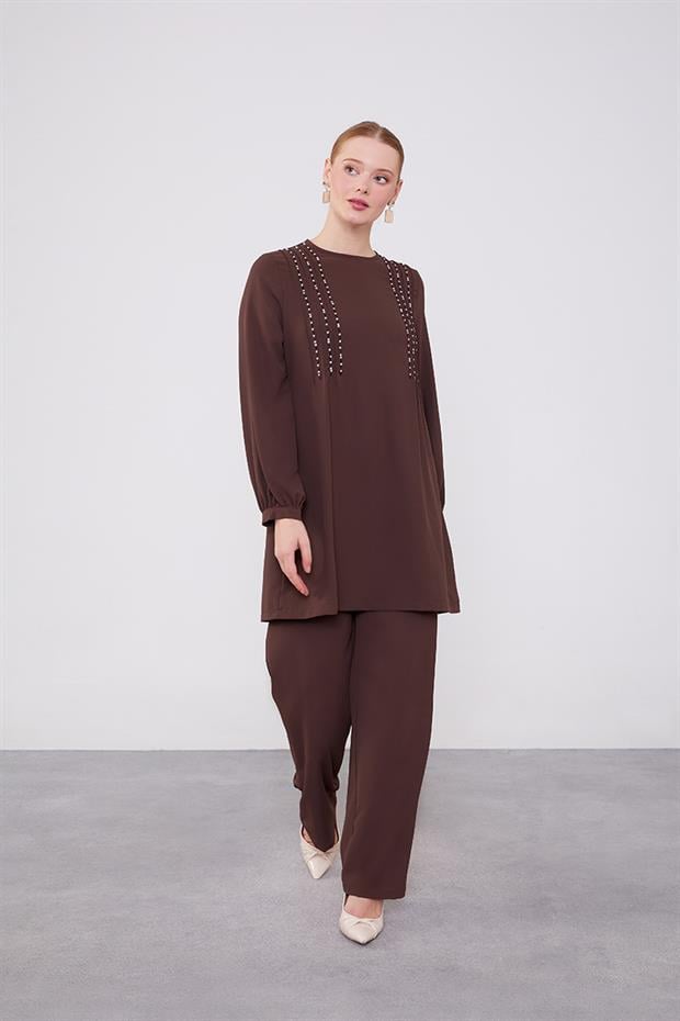 Acı Kahve Boncuk İşlemeli Tunik Takım