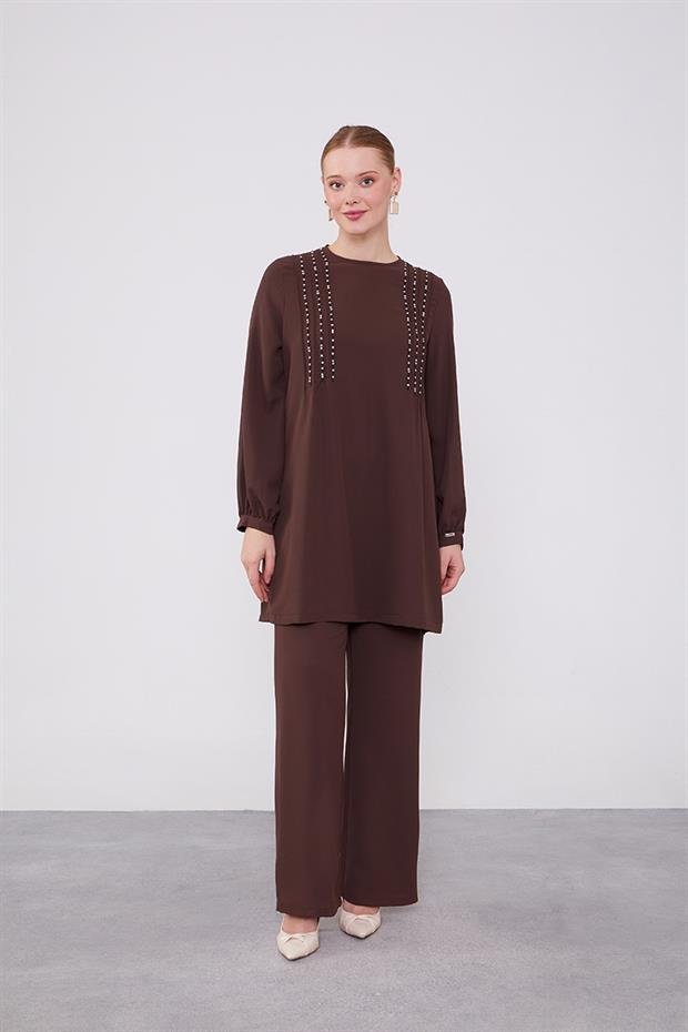 Acı Kahve Boncuk İşlemeli Tunik Takım