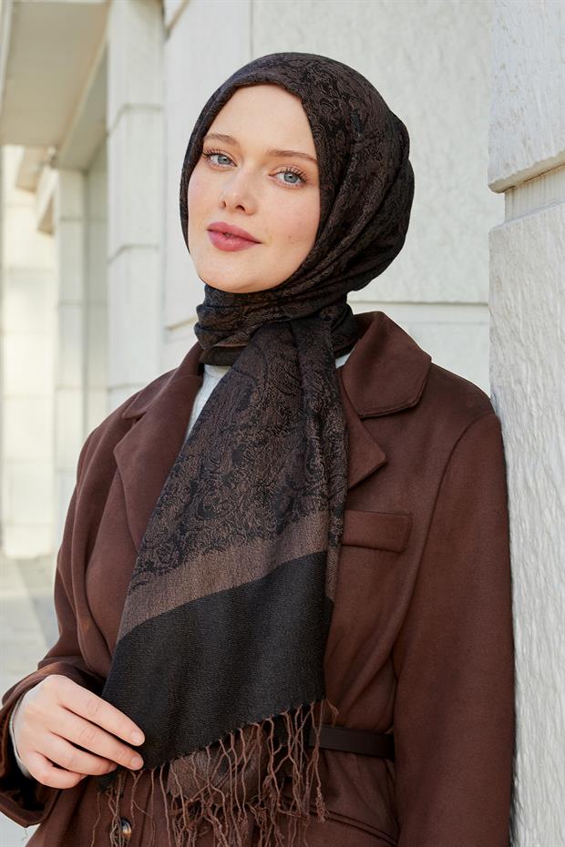 Acı Kahve Püsküllü Etnik Kaşmir İpek Şal