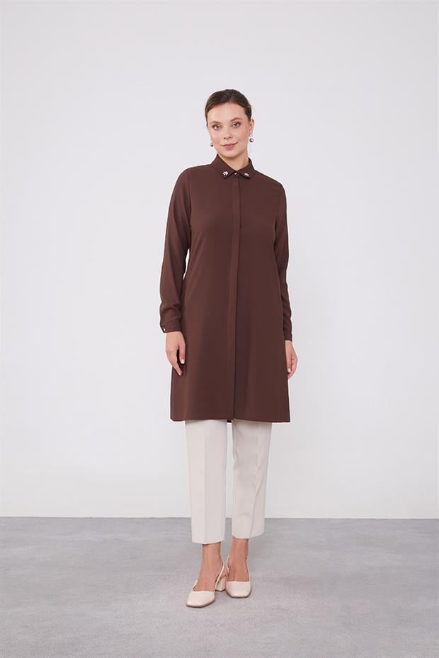 Acı Kahve Yaka Taş Detaylı Tunik