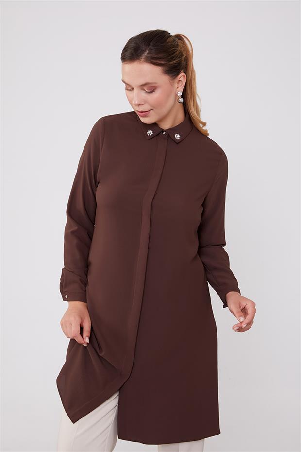 Acı Kahve Yaka Taş Detaylı Tunik