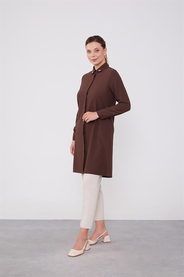 Acı Kahve Yaka Taş Detaylı Tunik