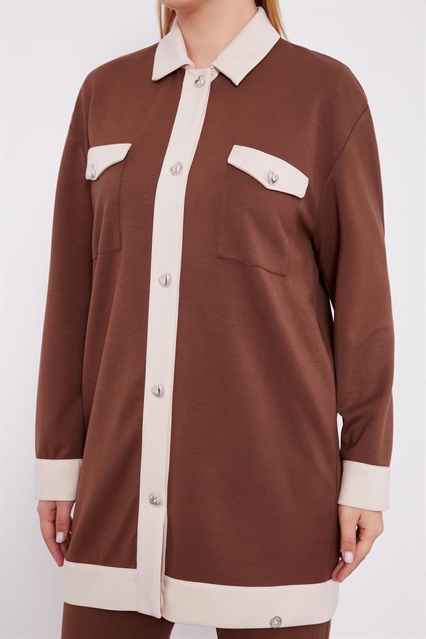 Acı Kahve - Krem Düğme Detaylı Pantolon Takım