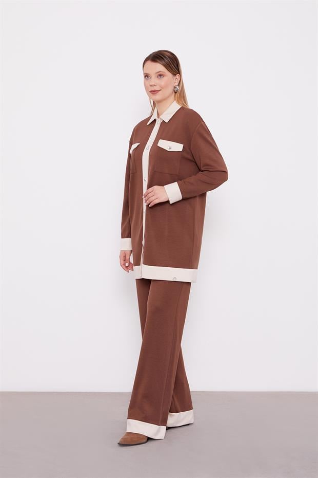 Acı Kahve - Krem Düğme Detaylı Pantolon Takım