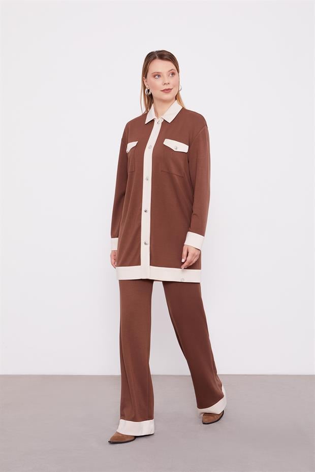 Acı Kahve - Krem Düğme Detaylı Pantolon Takım
