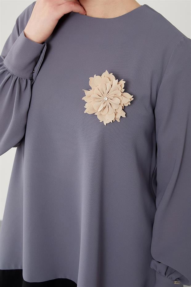 Antrasit Çiçek Broşlu Pantolonlu Takım