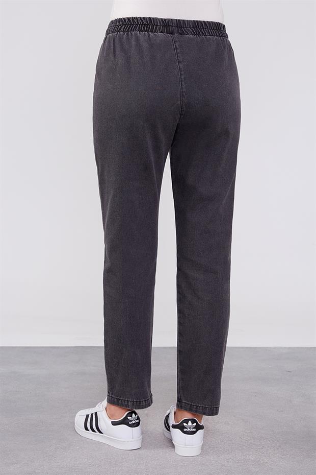 Antrasit Beli Büzgülü Jean Pantolon