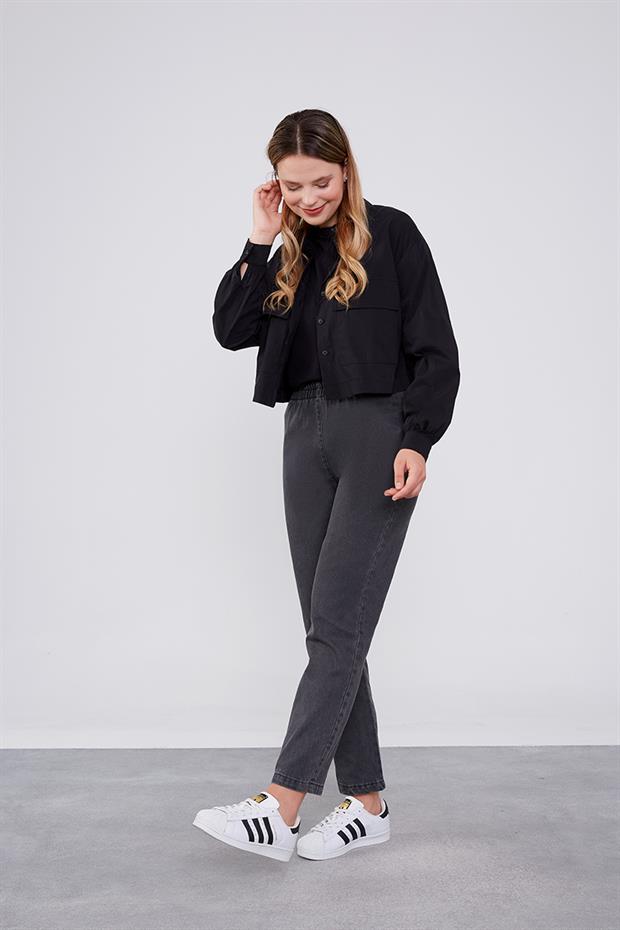 Antrasit Beli Büzgülü Jean Pantolon