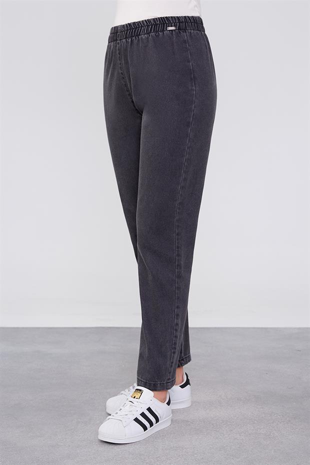 Antrasit Beli Büzgülü Jean Pantolon