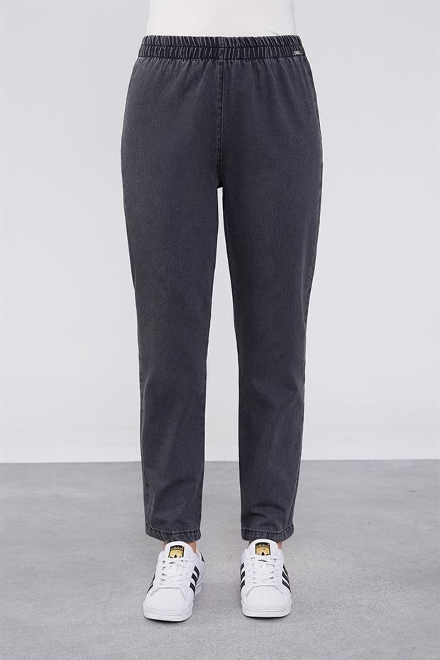 Antrasit Beli Büzgülü Jean Pantolon