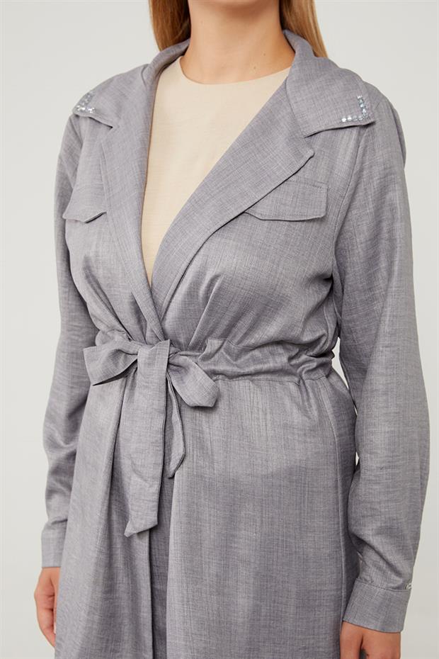 Antrasit Yakası Taş İşlemeli Ceket Takım