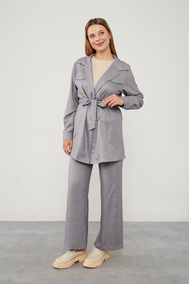 Antrasit Yakası Taş İşlemeli Ceket Takım