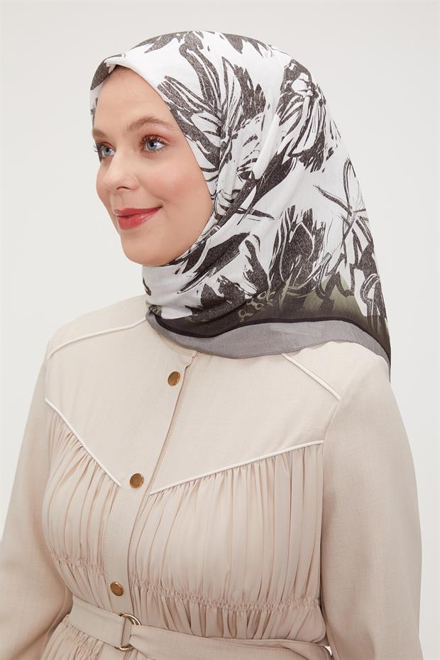 Antrasit Çiçek Soyut Desen Modal İpek Eşarp