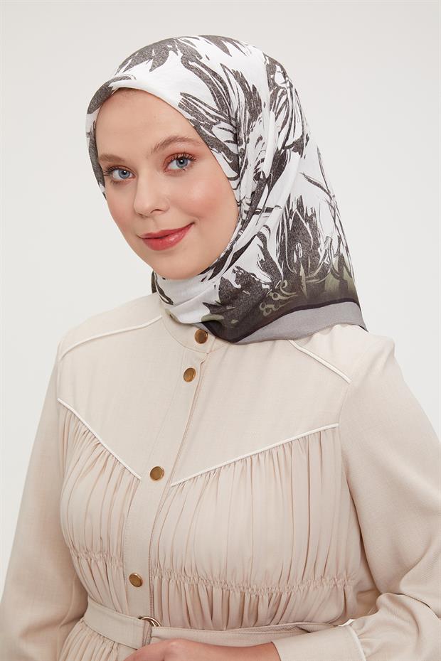 Antrasit Çiçek Soyut Desen Modal İpek Eşarp