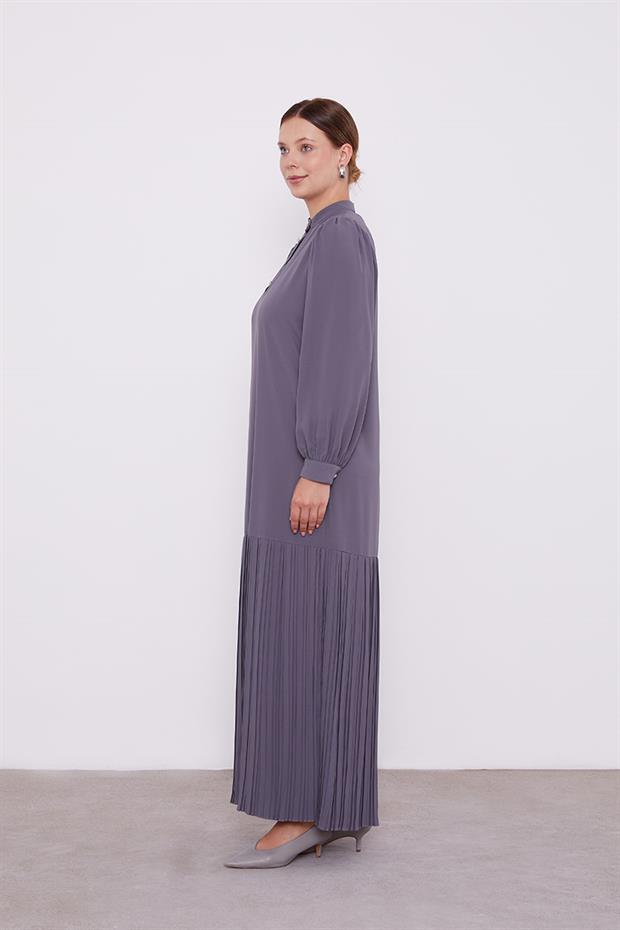 Antrasit Hakim Yaka Eteği Piliseli Şifon Elbise