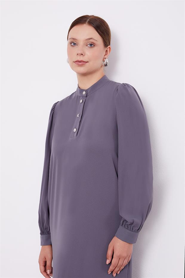 Antrasit Hakim Yaka Eteği Piliseli Şifon Elbise