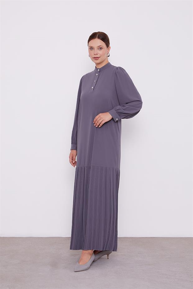 Antrasit Hakim Yaka Eteği Piliseli Şifon Elbise